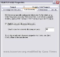 same TCP IP resources  it becomes a race and the loser gets denied  This is also the source of the dreaded WPAD functionality  Click on Auto Discovery and you ll see the default settings  If you don t need or want Auto Discovery  then just uncheck Publish automatic discovery information   That will free up port 80 on the internal IPs Note that ISA can function as a Web proxy