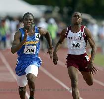 Cardinal Newman s Jacoby Ford sprints past Crescent City s Micky Gilyard in the 100 meter dash preliminary at the Class 2A state track finals   Photo by Greg Lovett