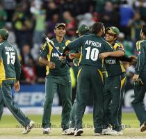 Pakistan players  including man of the match Shahid Afridi  celebrate beating South Africa during their ICC World Twenty20 semi final match at Trent Bridge in Nottingham   AP Photo