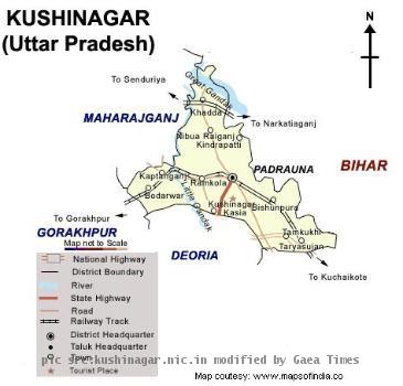 covering the geographical area of 2873 5 Sq  km  It is bounded by districts   Mahrajganj in the west  Gorakhpur in the southern  west   Deoria in the south and Bihar state in the east