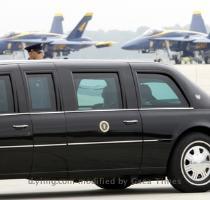 <p>President Barack Obama arrives at Andrews Air Force Base in Maryland on Thursday  May 13  2010  on his way to a trip to New York with the US Navy s Blue Angles Squadron in the rear  The Blue Angles are part of an Air Show scheduled for this weekend at Andrews < p>