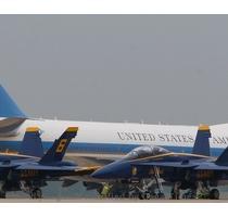 <p>Air Force One  with President Barack Obama aboard  taxis past the US Navy s Blue Angles Squadron at Andrews Air Force Base Thursday  May 13  2010  The Blue Angles are part of an Air Show scheduled for this weekend at Andrews  < p>