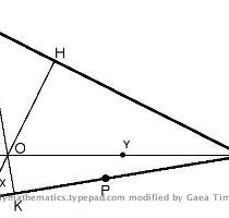 looking for  But I promised nine points  not just six  So consider the next diagram  in which the three altitudes  and thus the orthocenter O are drawn  I ll explain points X and Y below  Since 3 points completely determine a circle  the three feet of the altitudes of any triangle must be on its nine point circle  and that circle must thus contain the three midpoints of