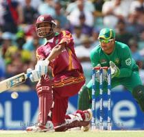 Lendl Simmons of West Indies hits out watched by Mark Boucher of South Africa during the ICC World Twenty20 Super Eights match between South Africa and West Indies at The Brit Oval   Getty