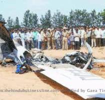 The remains of the Cessna single engine aircraft  which crashed at Jakkur airbase near Bangalore on Saturday  All the four persons on board  including actress