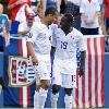 USA s Freddy Adu  right  and Charlie Davies  left  celebrate after Davies scored a goal against Grenada in the second half of a CONCACAF Gold Cup soccer match Saturday  July 4  2009  at Qwest