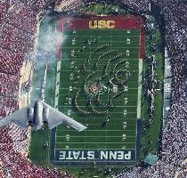 Great shot of B 2 Bomber above Rose Bowl Monday  January 12th  2009 Nope  Mark Holtzman of West Coast Aerial Photography of Sherman Oaks  California  wasn t right above the Rose Bowl stadium when the B 2 bomber flew over  It just looks that way  Holtzman was