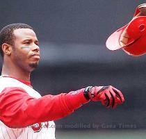 Ken Griffey  Jr  throws his batting helmet after making an out in the first inning   Michael E  Keating photo