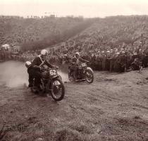 Belmont Park Race Track near Durham Operated pre war and in the 1950 s and 60 s it was Grass and scrambling  Sidecar racing from Belmont Park  It drew large crowds  I believe this picture was taken in 1961 Hi just reference to the sidecar on left of picture  I think it is Frankie Rispen of