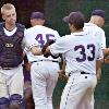 Strasburg pitcher Justin Rush flips the ball to first base  Dennis Grundman Daily Strasburg s Derek Buckley  left  touches gloves with first baseman Riley McDonald  33  after a meeting on the mound in the Rams  loss to Riverheads in the Region B quarterfinals on Wednesday