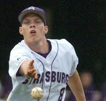 into home as the ball pops out of the glove of Strasburg catcher Derek Buckley in the fifth inning of the Rams  loss in the Region B quarterfinals on Wednesday  Dennis Grundman Daily Strasburg pitcher Justin Rush flips the ball to first base  Dennis Grundman Daily