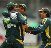 Shahzaib Hasan of Pakistan is congratulated by his team mates after taking the wicket of Tillakaratne Dilshan of Sri Lanka during the ICC World Twenty20 Final between Pakistan and Sri Lanka at