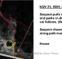in Figure 1  1991 aerial photo   The trooper followed  parked his patrol car  and gave chase on foot  Subsequently  the trooper apprehended the individual in the field after a scuffle  Figure 1  The chase  The subject later sued the NJ State Police claiming  among other matters  that the trooper had shot at him  Witnesses in the home by the driveway  who were