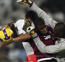 Reuters Pictures 8 months ago Qatar s Bilal Mohammed and Mohammed Saqer  R  fight for the ball with South Korea s Lee Chung