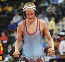 What is this  photo by Brie Cohen Albert Lea s Cory Hansen celebrates his win over San Stewart of Andover during the individual semifinals Friday  Hansen