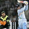 Virendra Sehwag plays a shot for six during a Asia Cup Group B match between India and Pakistan at The National Cricket Stadium in Karachi on June 26  2008  Sehwag smashed a 95 ball 119 and