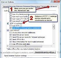 Advanced  tab and move down to the HTTP 1 1 settings section  Uncheck Use HTTP 1 1 and check Use HTTP 1 1 through proxy connections   Now click on the Apply button and then the OK button  Close the browser window and then restart the program  Type www hotmail com and yippee  It works  Note   This solution might not work for you because the same problem of  Hotmail page does