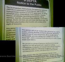 Image  DesignPhiladelphia Pranksters slipped face  Notice to the Public  signs into Philadelphia s Frankford Market El regional train yesterday   See above for an example of a sign   The