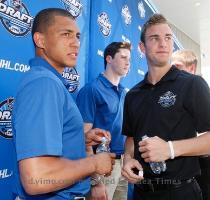 <p>Emerson Etem  left of Long Beach  Calif   talks with Jack Campbell  right  of Port Huron  Mich   with Erik Gudbranson  center  of Canada  looking on during a a media availability atop LALive in downtown Los Angeles in preparation for the upcoming NHL hockey draft  Thursday  June 24  2010  < p>