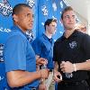 <p>Emerson Etem  left of Long Beach  Calif   talks with Jack Campbell  right  of Port Huron  Mich   with Erik Gudbranson  center  of Canada  looking on during a a media availability atop LALive in downtown Los Angeles in preparation for the upcoming NHL hockey draft  Thursday  June 24  2010  < p>