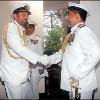 Outgoing Navy Commander Admiral Wasantha Karannagoda greets his successor Vice Admiral Thisara Samarasinghe  Picture by Saman Sri Wedage It came as a surprise