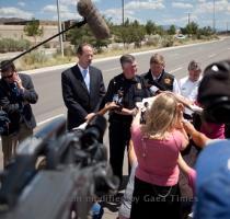 <p>Albuquerque Police Chief Ray Schultz  center  addresses the press following a shooting at Emcore Corp   a fiber optic manufacturer in the top right corner  in the morning on Monday  July 12  2010 in Albuquerque  N M  Schultz flanked by Mayor Richard J  Berry  left  and Public Safety Officer Darren White  right  said the suspect s girlfriend worked in the building  < p>