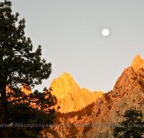 with Adam  Shin  Mark and Sha Jin  We climbed the north face of Lone Pine Peak  a route I and others found a few years ago  This route has plenty of exposure We got an early start and saw early morning light shine on Mt  Whitney as the moon was still in the sky  Our hike starts on the Meysan Lake trail  which goes to Meysan Lake  We followed the trail for five miles before