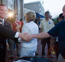 <p>Republican candidate for Georgia governor John Oxendine  left  shakes hands with supporter John Smith  of McDonough  as primary election results come in on election night  in Atlanta  Tuesday July 20  2010  < p>