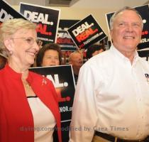 <p>Georgia Gubernatorial Republican candidate Nathan Deal and his wife Sandra Deal wait for election results as Deal seems poised for the Republican run off at Deal s campaign headquarters in Gainesville  Ga  on Tuesday  July 20  2010  Deal is hoping for a strong showing in his former congressional district  < p>