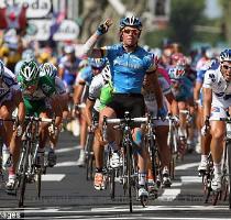 three stage victories in the same Tour as he outpaced fellow sprinters in the 104 7 miles from Lavelanet to Narbonne  but his achievements became a footnote on another depressing day  Cavendish  centre  celebrates his third stage win on stage twelve of the Tour Italian rider Riccardo Ricco was the third rider in the race to test positive for the performance enhancing drug