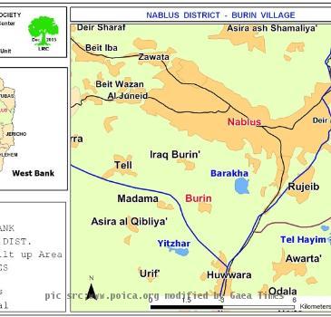 Einabus lies just west of Huwwara and south and east of Urif   It is not labled on this map  http   www poica org editor case studies burin v burin JPG