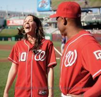 <p>Miss Iowa Katherine Connors  left  laughs with Washington Nationals relief pitcher Miguel Batista  right  before a baseball game against the Philadelphia Phillies  Friday  July 30  2010  in Washington  < p>