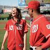 <p>Miss Iowa Katherine Connors  left  laughs with Washington Nationals relief pitcher Miguel Batista  right  before a baseball game against the Philadelphia Phillies  Friday  July 30  2010  in Washington  < p>