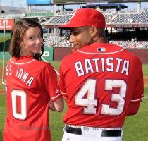 <p>Miss Iowa Katherine Connors  left  poses for photos with Washington Nationals relief pitcher Miguel Batista  right  before a baseball game against the Philadelphia Phillies  Friday  July 30  2010  in Washington  < p>