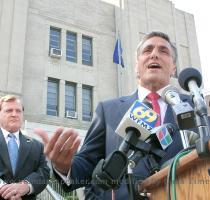 Hazleton Mayor Lou Barletta speaks during a press conference held in front of City Hall as City Council President Joseph