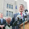 Hazleton Mayor Lou Barletta speaks during a press conference held in front of City Hall as City Council President Joseph