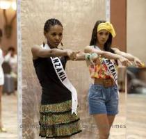 <p>Miss Tanzania 2010 Hellen Dausen and Miss Guatemala 2010 Jessica Scheel  R  rehearse for the upcoming Miss Universe pageant in Las Vegas  Nevada August 13  2010  The Miss Universe 2010 pageant will take place in Las Vegas on August 23