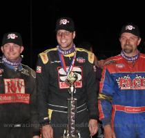 Winner Shane Hollingsworth expresses his elation in victory lane   Joe Jennings Photos  Top 3 finishers  Shane Hmiel  3rd   winner Shane Hollingsworth and Dave Darland  2nd    Joe Jennings Photo