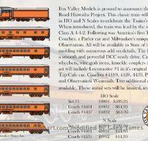 This catalog was last updated Dec  26  2009  This site receives over 223 000  hits  per month  applies to new orders only FOX VALLEY  HO set of loco   6 cars  shown above  $599 95  our price $480  extra cars  our price $52 each  N set of loco   6 cars  shown above  $399 95  our