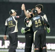 Kolkata Knight Riders celebrate after taking the wicket of Delhi Daredevils Gautam Gambhir  unseen  at the Indian Premier League Twenty20 cricket match in Johannesburg  South Africa  Sunday